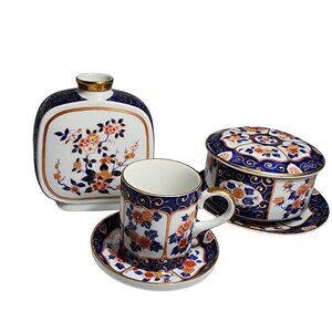 Japanese Kutani Porcelain Tea Set With Floral & Gold Kozan Gama (Kozan Kiln) VTG